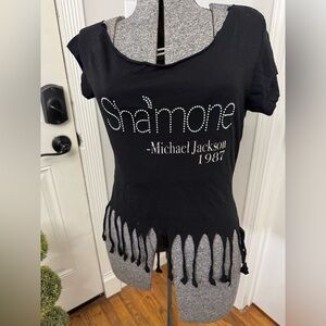 Women’s Aveto Black Rhinestone 'Shamone' Fringe Short Sleeve Fitted Tee Large